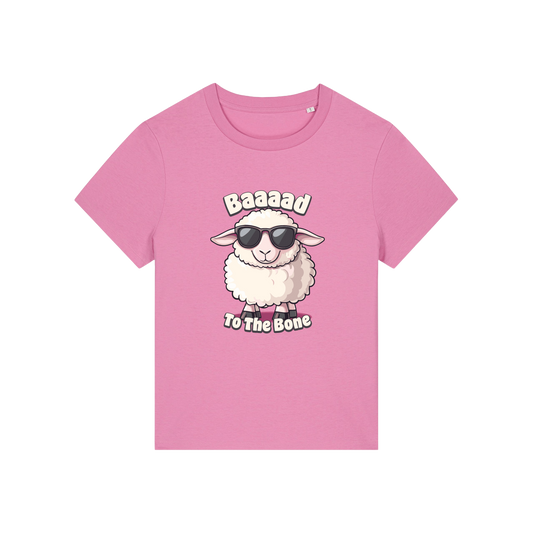 pink animal t-shirt with the graphic of a sheep in sunglasses and the slogan 'baaaad to the bone'