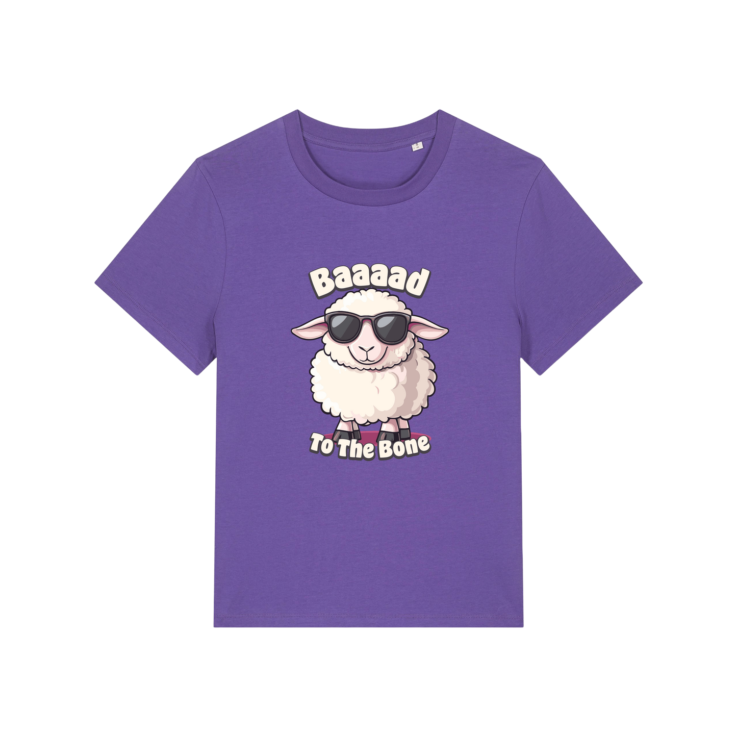 purple animal t-shirt with the graphic of a sheep in sunglasses and the slogan 'baaaad to the bone'