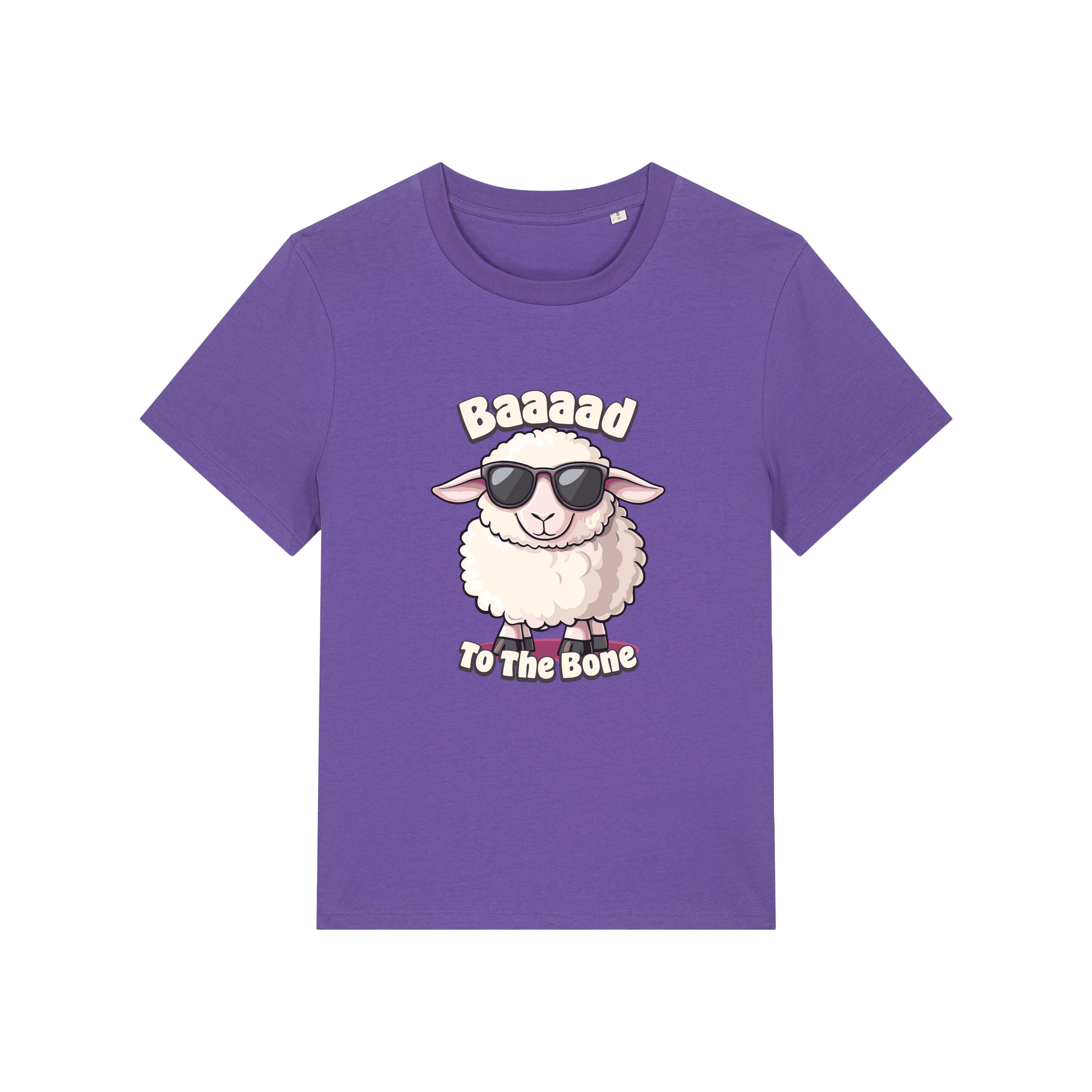 purple animal t-shirt with the graphic of a sheep in sunglasses and the slogan 'baaaad to the bone'