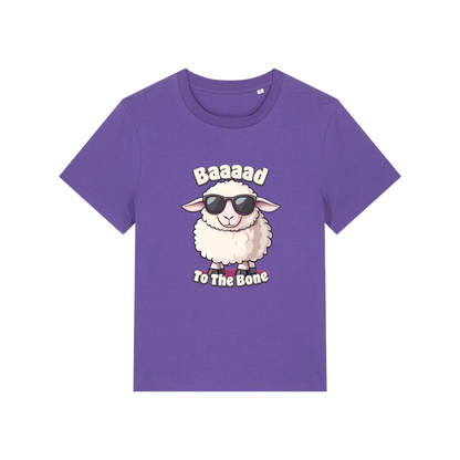 purple animal t-shirt with the graphic of a sheep in sunglasses and the slogan 'baaaad to the bone'