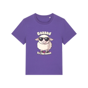 purple animal t-shirt with the graphic of a sheep in sunglasses and the slogan 'baaaad to the bone'