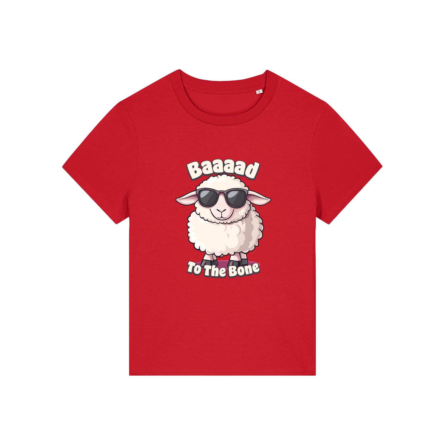 red animal t-shirt with the graphic of a sheep in sunglasses and the slogan 'baaaad to the bone'