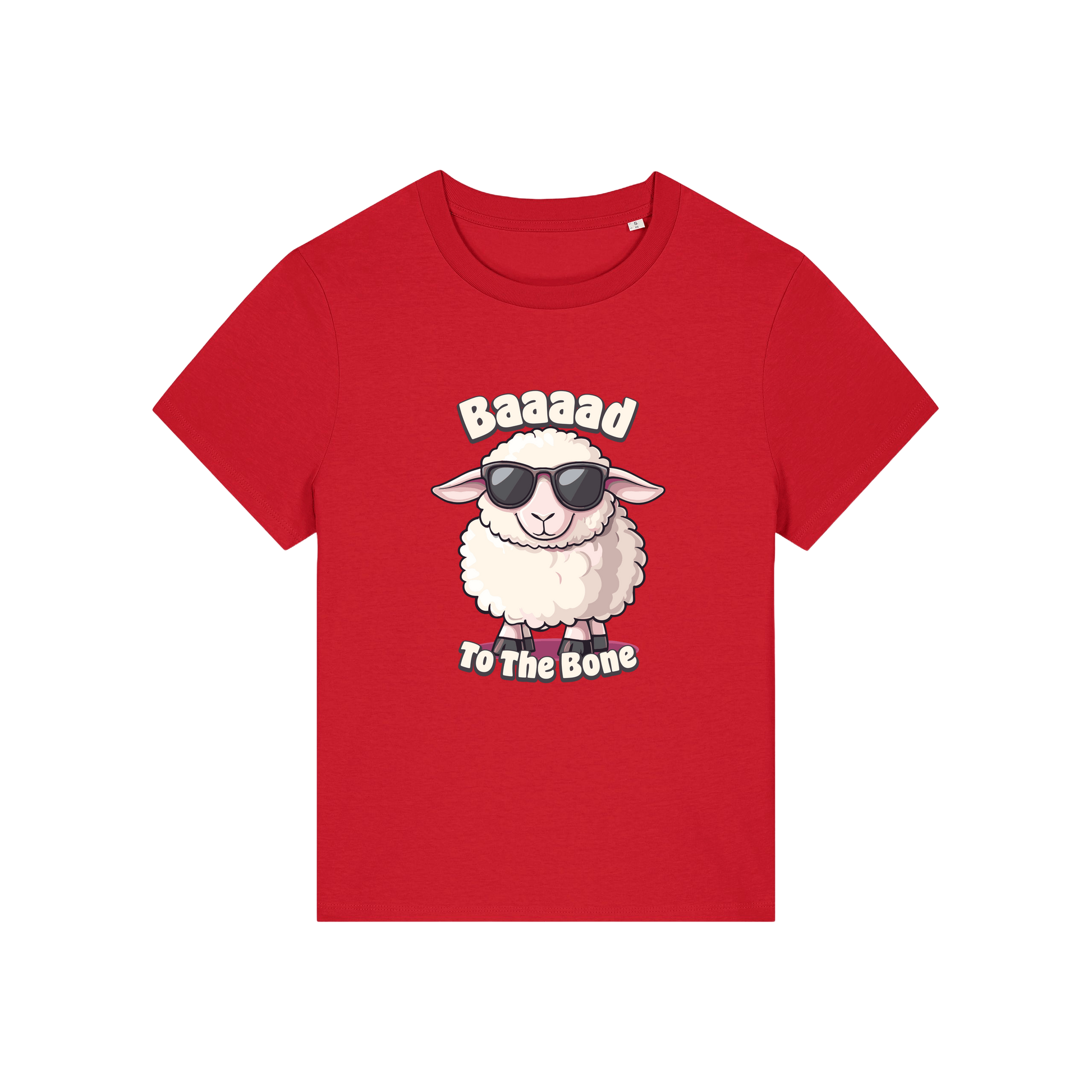 red animal t-shirt with the graphic of a sheep in sunglasses and the slogan 'baaaad to the bone'