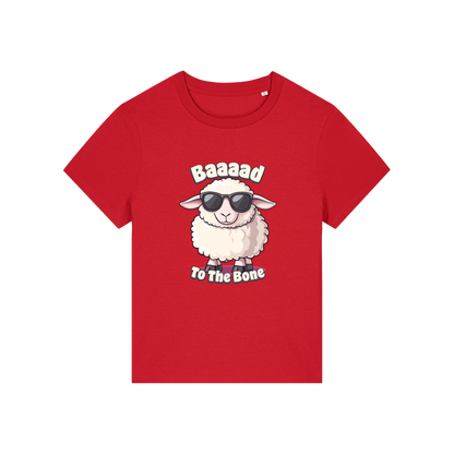 red animal t-shirt with the graphic of a sheep in sunglasses and the slogan 'baaaad to the bone'