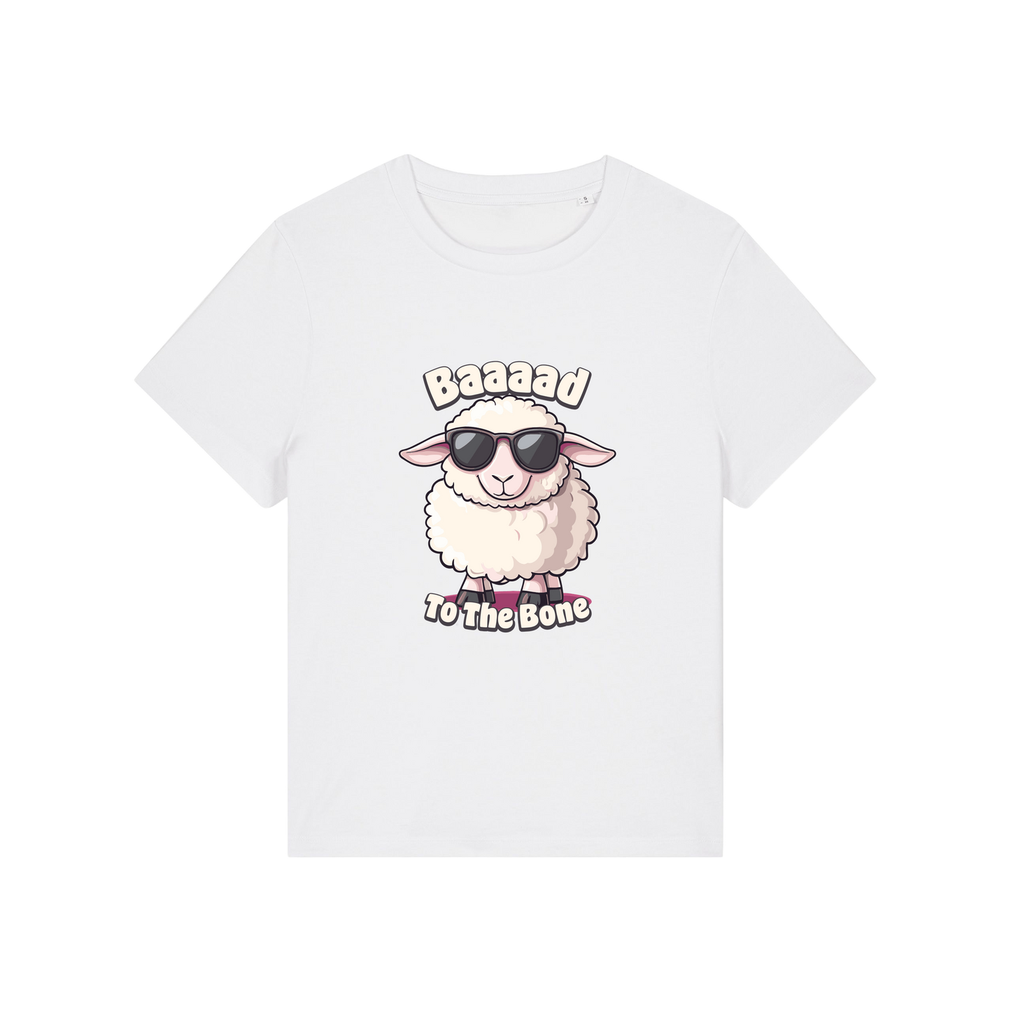white animal t-shirt with the graphic of a sheep in sunglasses and the slogan 'baaaad to the bone'