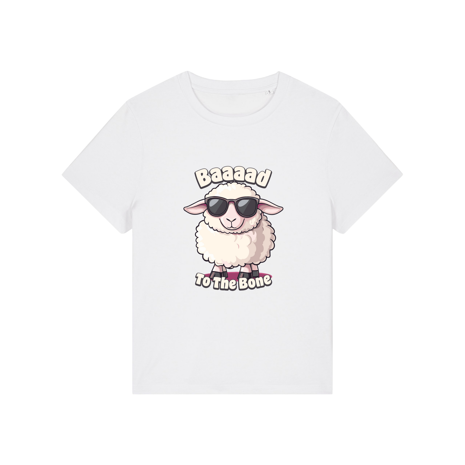 white animal t-shirt with the graphic of a sheep in sunglasses and the slogan 'baaaad to the bone'