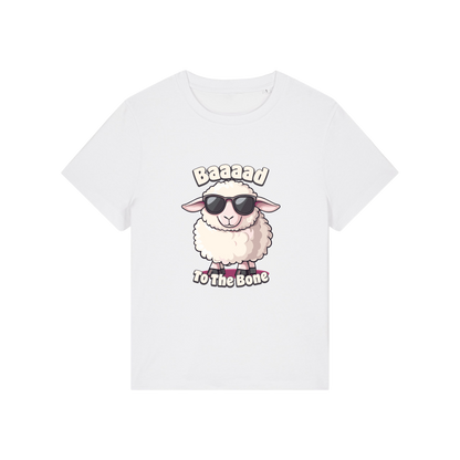 white animal t-shirt with the graphic of a sheep in sunglasses and the slogan 'baaaad to the bone'