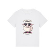 white animal t-shirt with the graphic of a sheep in sunglasses and the slogan 'baaaad to the bone'