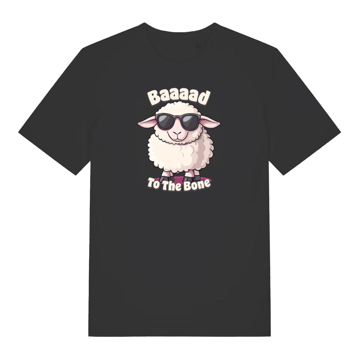 black funny animal t-shirt with the graphic of a sheep and the slogan 'baaaad to the bone'