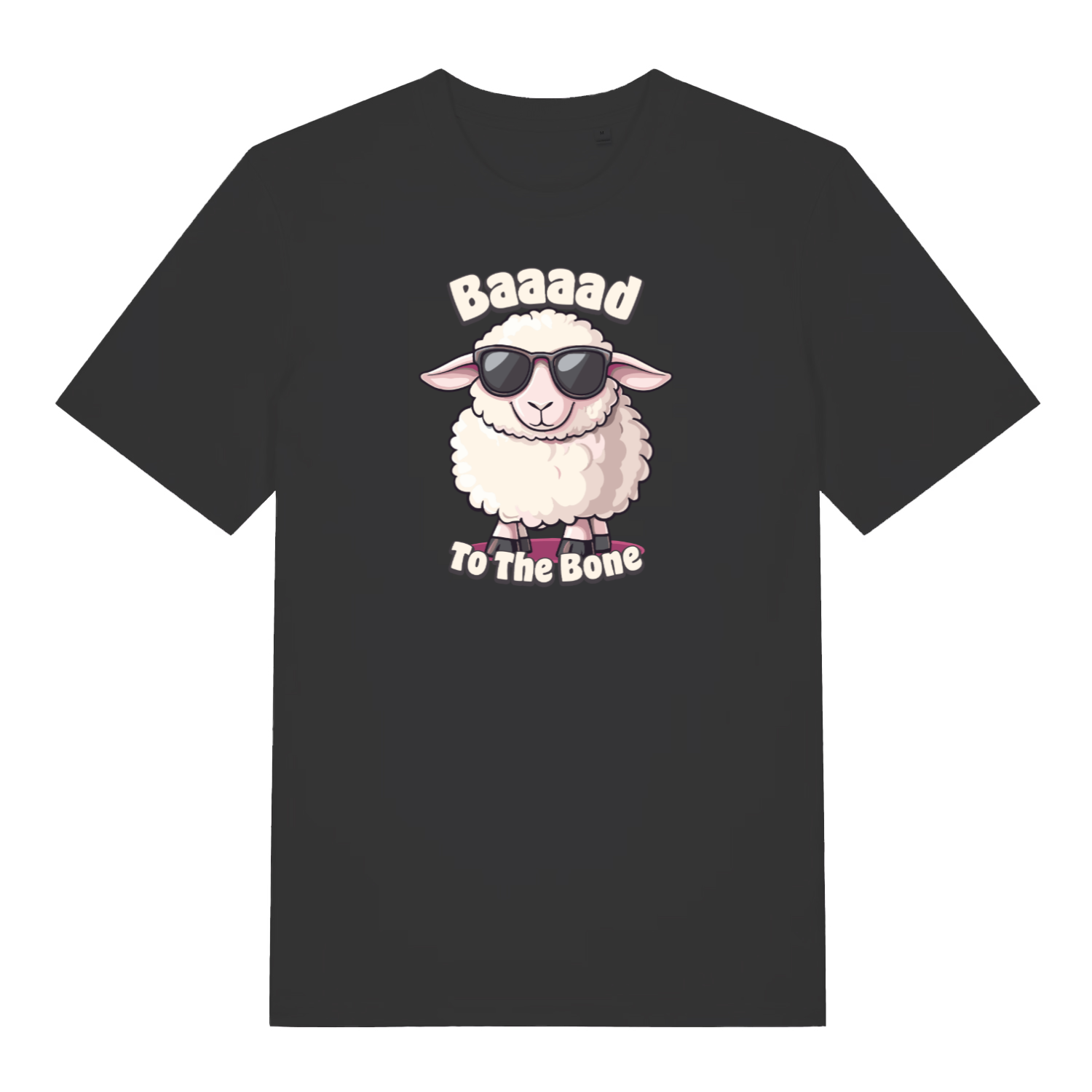 black funny animal t-shirt with the graphic of a sheep and the slogan 'baaaad to the bone'