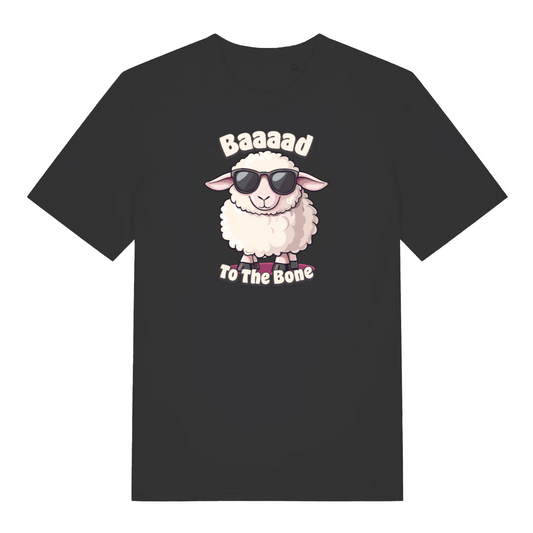 black funny animal t-shirt with the graphic of a sheep and the slogan 'baaaad to the bone'