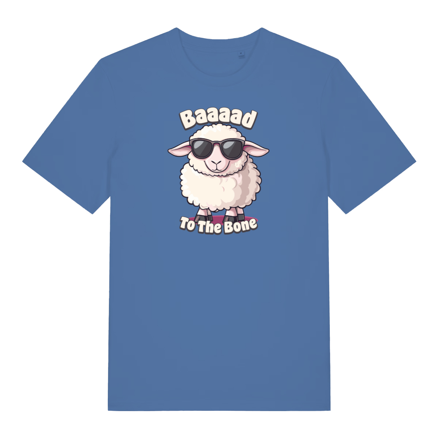 blue funny animal t-shirt with the graphic of a sheep and the slogan 'baaaad to the bone'