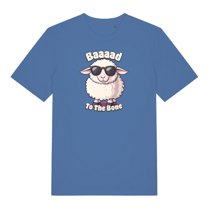 blue funny animal t-shirt with the graphic of a sheep and the slogan 'baaaad to the bone'