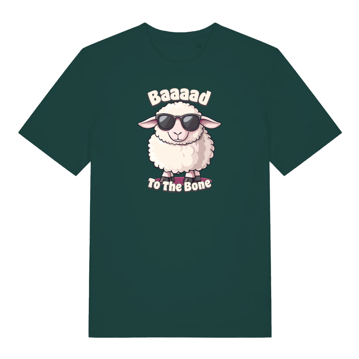 green funny animal t-shirt with the graphic of a sheep and the slogan 'baaaad to the bone'