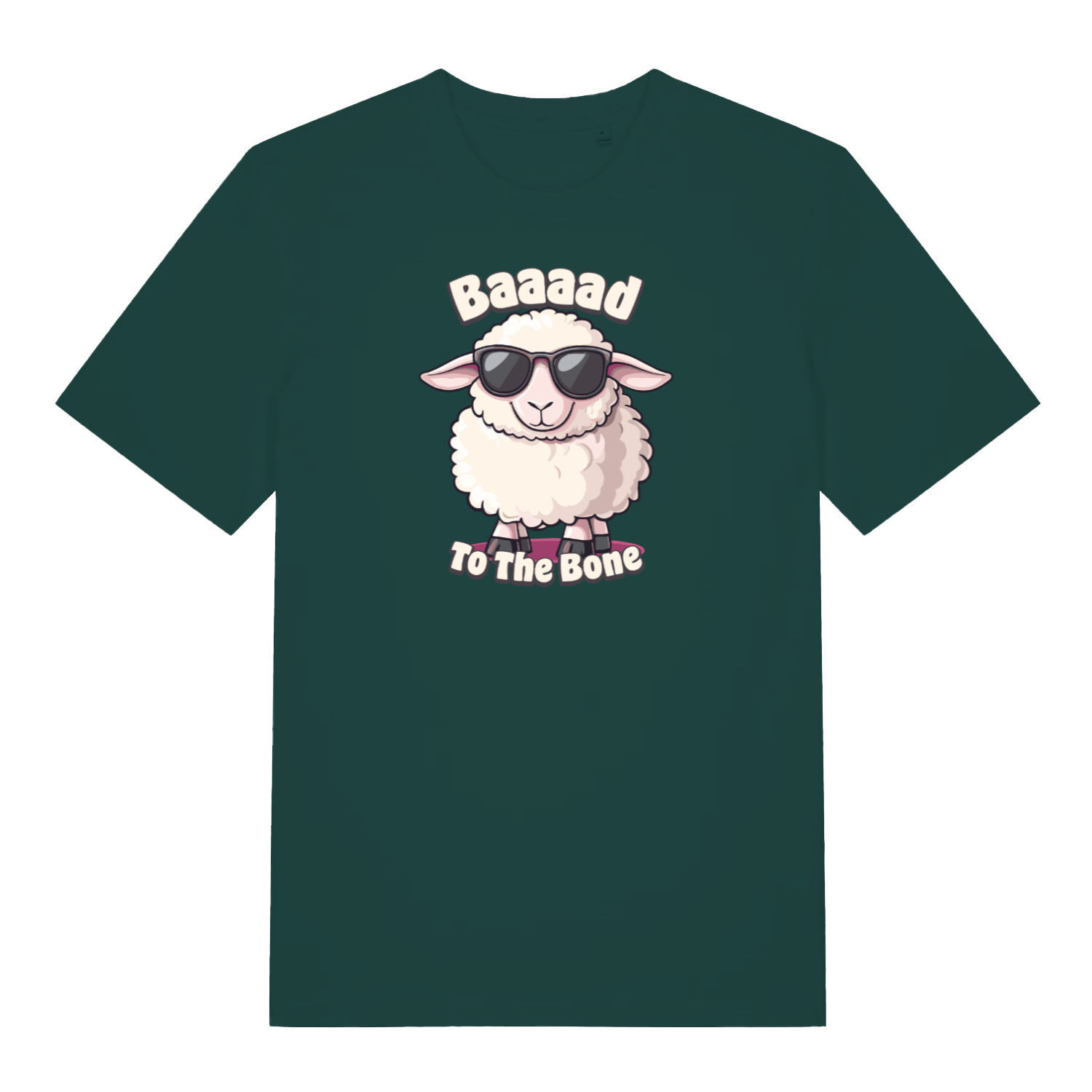 green funny animal t-shirt with the graphic of a sheep and the slogan 'baaaad to the bone'