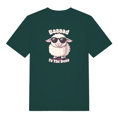 green funny animal t-shirt with the graphic of a sheep and the slogan 'baaaad to the bone'