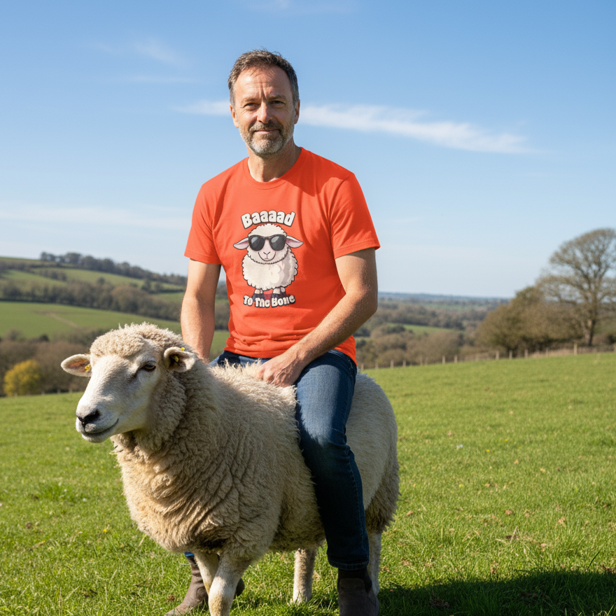 Man in an orange shirt with a sheep graphic, in a field with a sheep