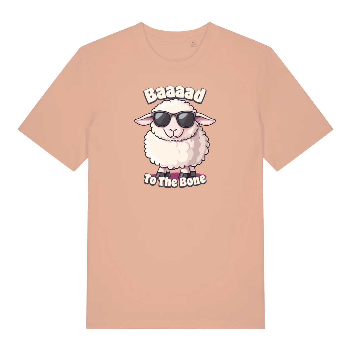 peach funny animal t-shirt with the graphic of a sheep and the slogan 'baaaad to the bone'