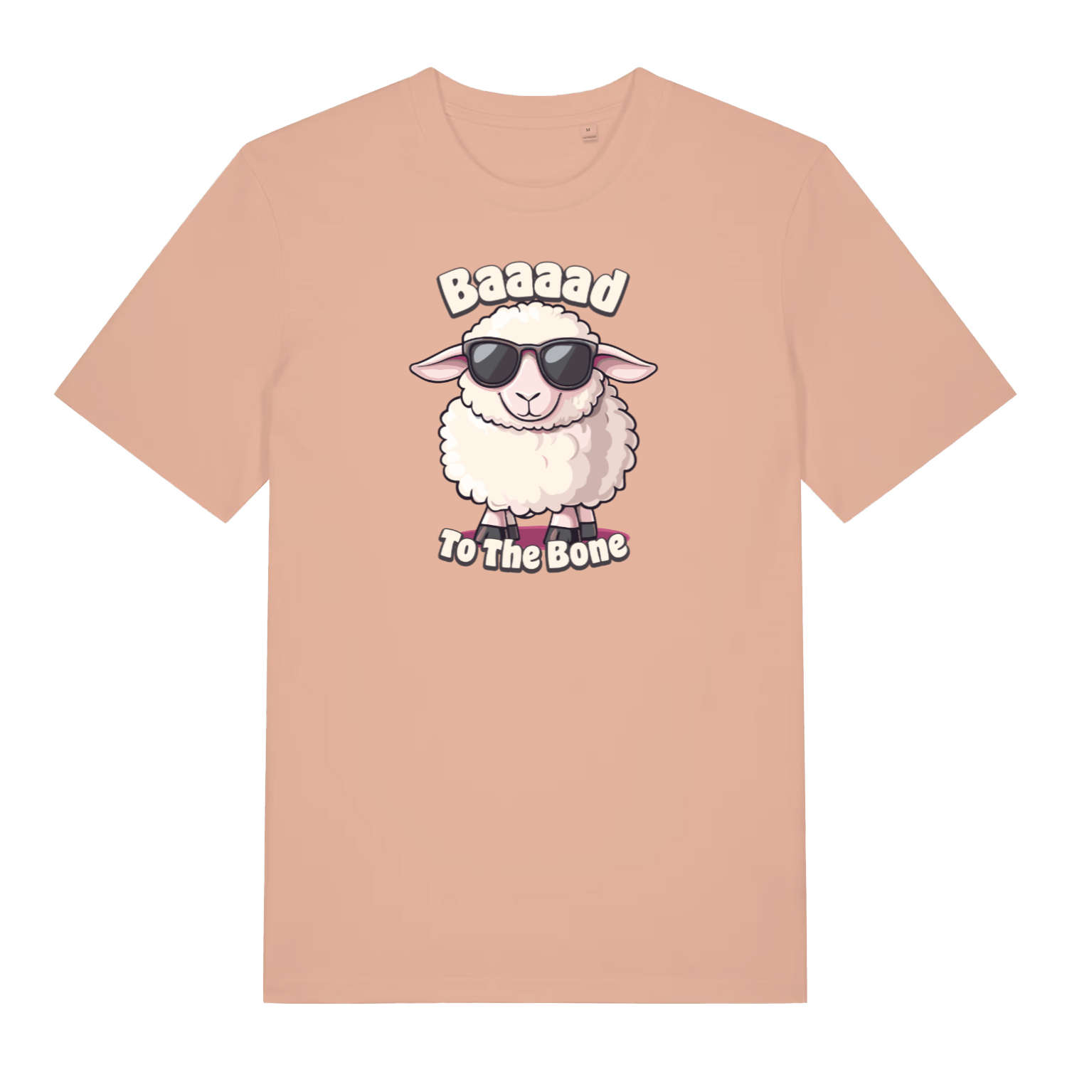 peach funny animal t-shirt with the graphic of a sheep and the slogan 'baaaad to the bone'