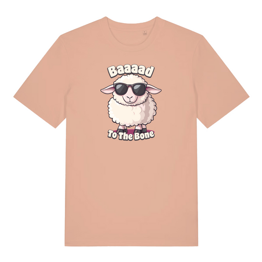 peach funny animal t-shirt with the graphic of a sheep and the slogan 'baaaad to the bone'