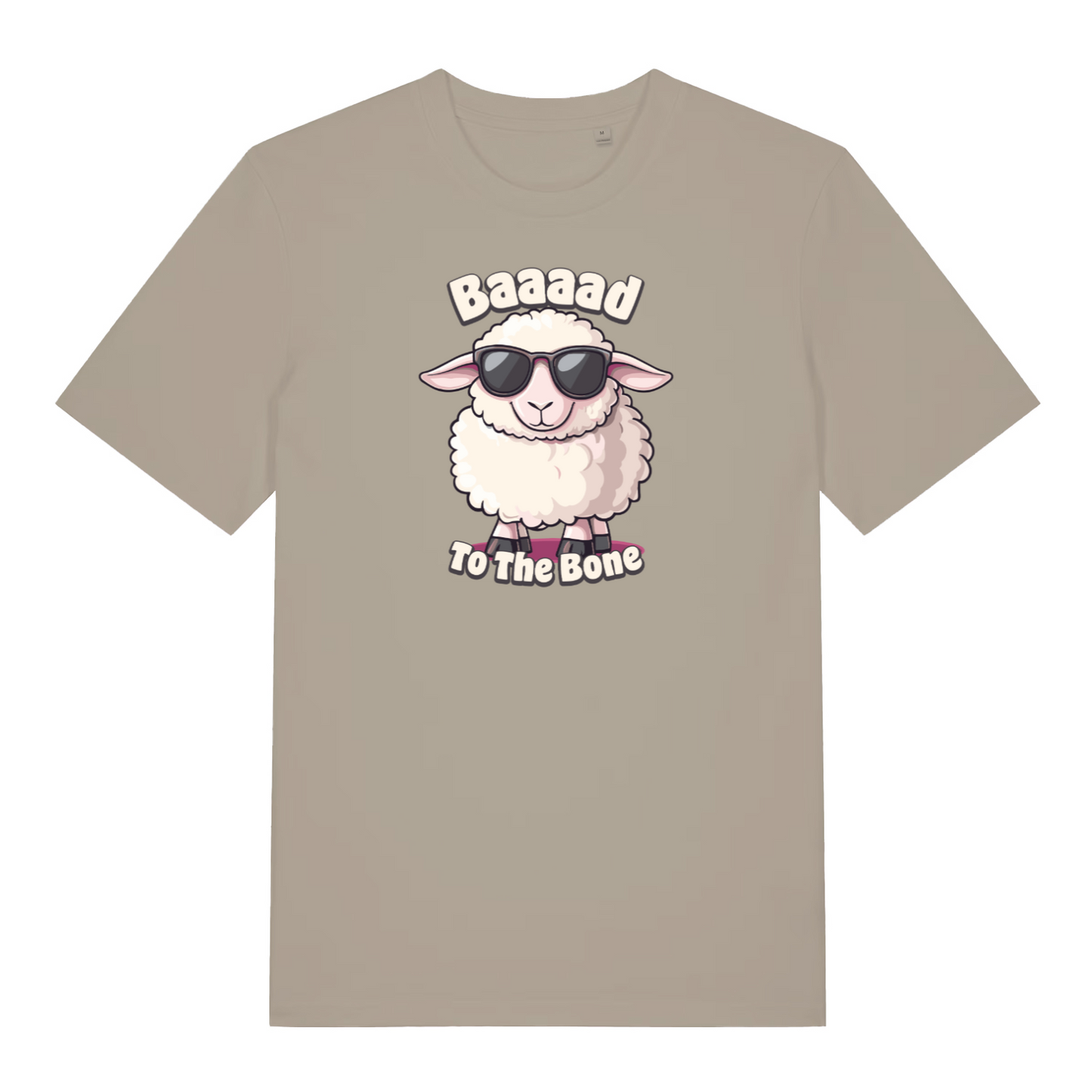 stone funny animal t-shirt with the graphic of a sheep and the slogan 'baaaad to the bone'
