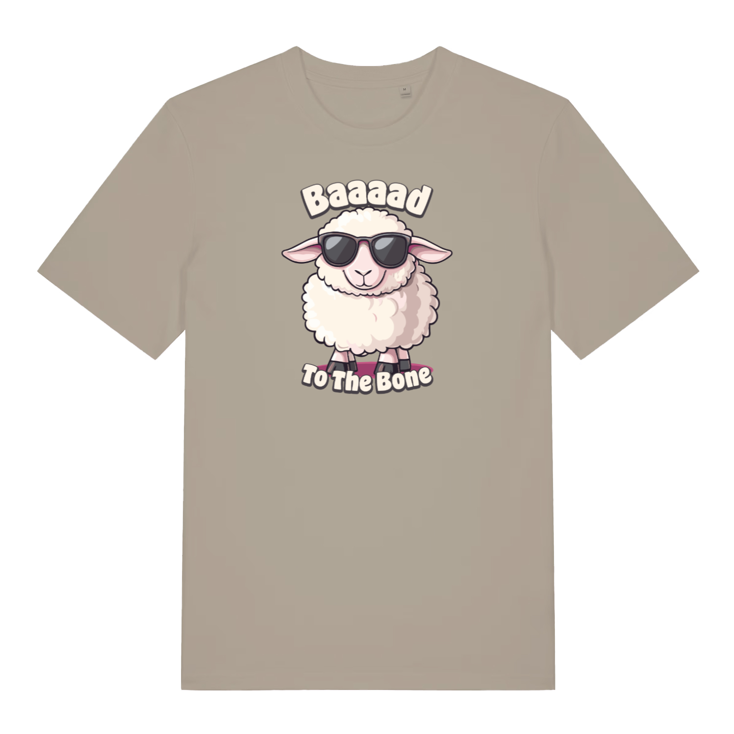 stone funny animal t-shirt with the graphic of a sheep and the slogan 'baaaad to the bone'