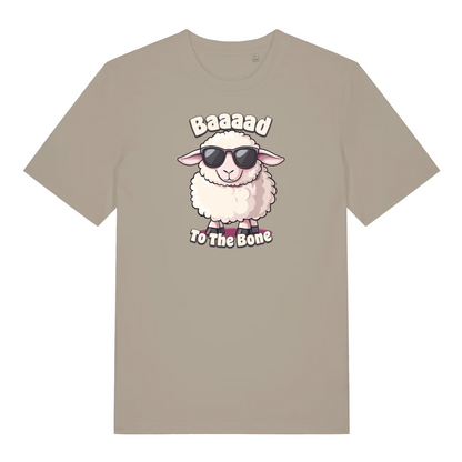 stone funny animal t-shirt with the graphic of a sheep and the slogan 'baaaad to the bone'