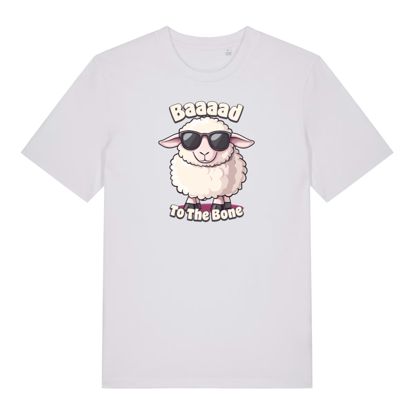 white funny animal t-shirt with the graphic of a sheep and the slogan 'baaaad to the bone'