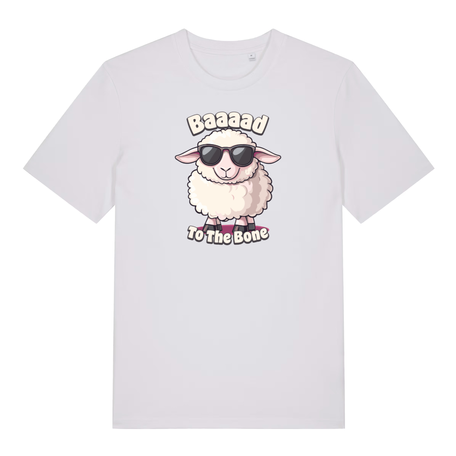 white funny animal t-shirt with the graphic of a sheep and the slogan 'baaaad to the bone'