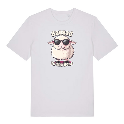 white funny animal t-shirt with the graphic of a sheep and the slogan 'baaaad to the bone'