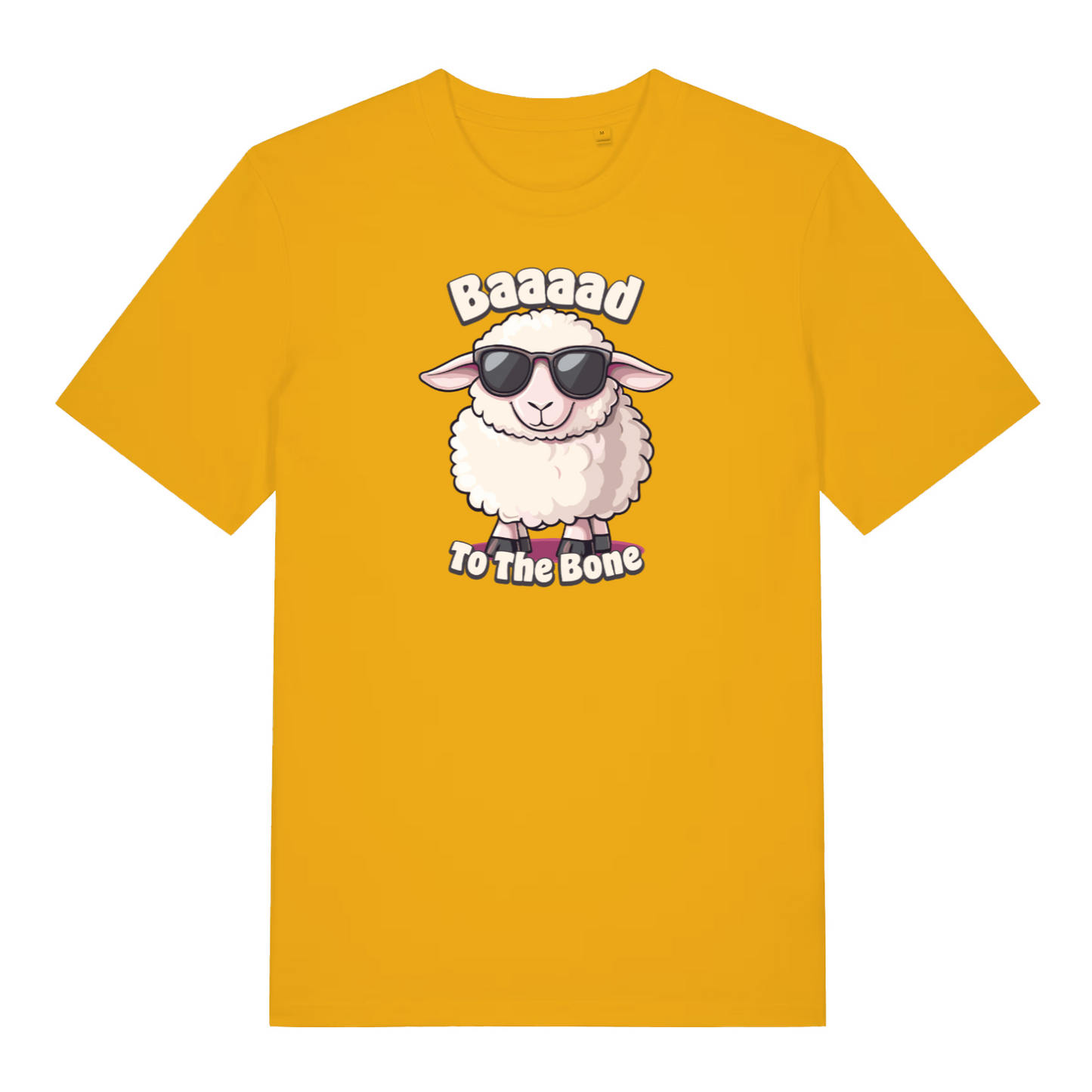 yellow funny animal t-shirt with the graphic of a sheep and the slogan 'baaaad to the bone'