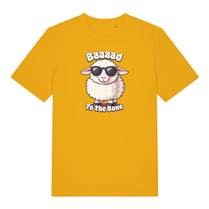 yellow funny animal t-shirt with the graphic of a sheep and the slogan 'baaaad to the bone'