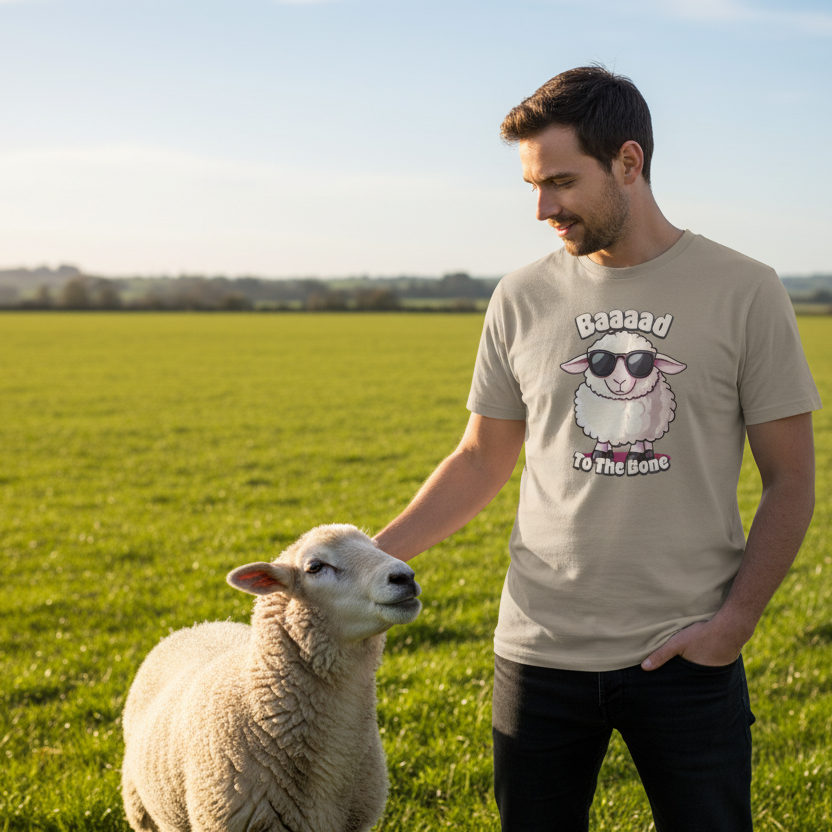 man wearing a stone coloured t-shirt with the graphic of a sheep whilst stood in a  field next to a sheep