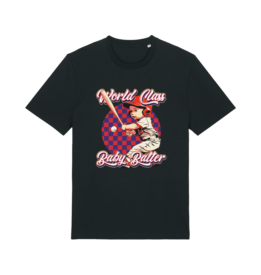 Black offensive t-shirt with the graphic of a baby baseball player