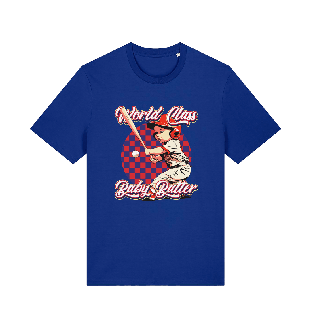 Blue offensive t-shirt with the graphic of a baby baseball player