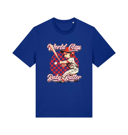 Blue offensive t-shirt with the graphic of a baby baseball player