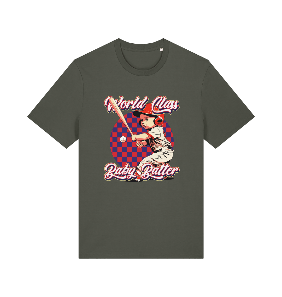 Khaki offensive t-shirt with the graphic of a baby baseball player