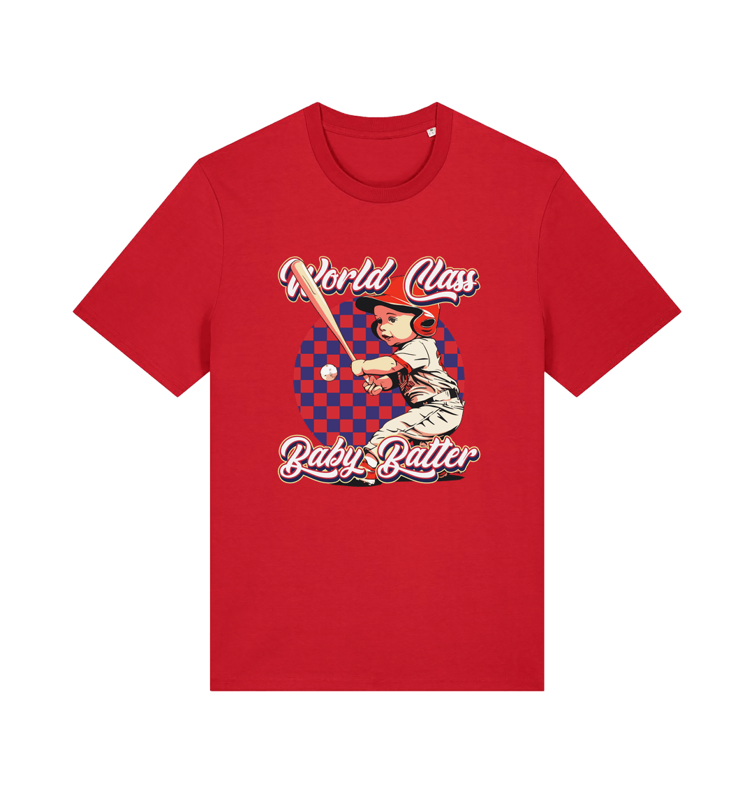Red offensive t-shirt with the graphic of a baby baseball player