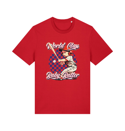 Red offensive t-shirt with the graphic of a baby baseball player