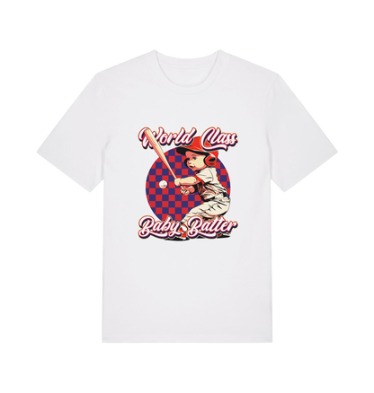 White offensive t-shirt with the graphic of a baby baseball player