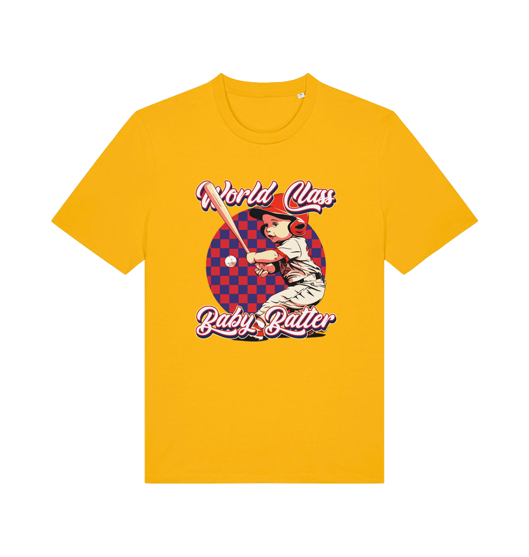 Yellow offensive t-shirt with the graphic of a baby baseball player