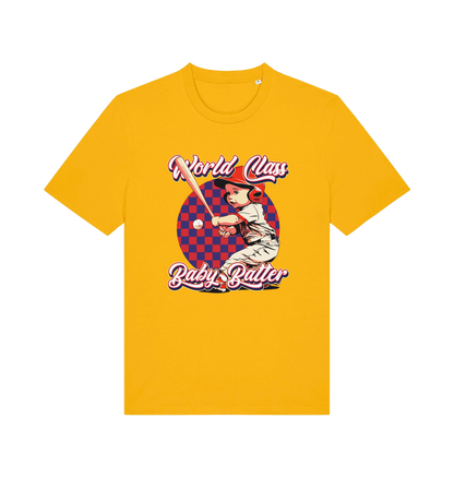 Yellow offensive t-shirt with the graphic of a baby baseball player
