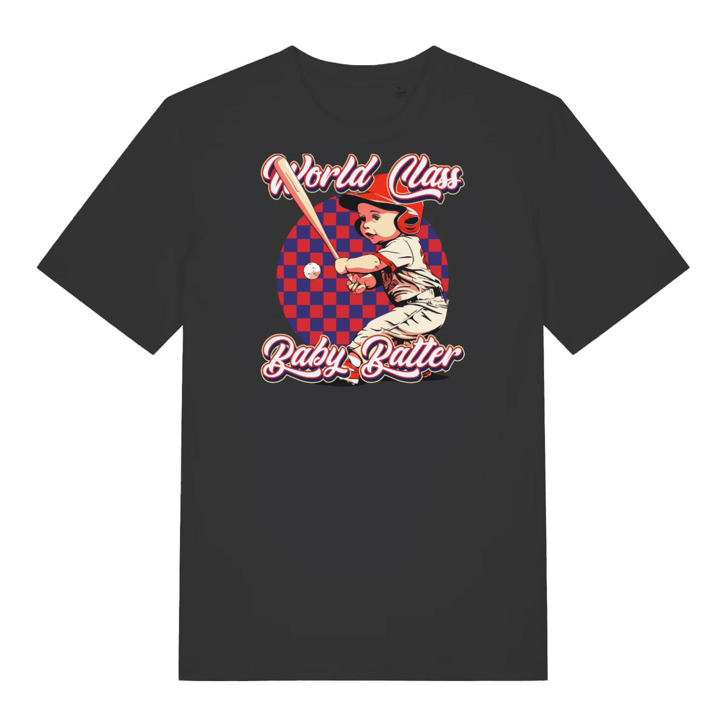black funny offensive t-shirt with the graphic of a baby dressed as a baseball player and the slogan 'world class baby batter'