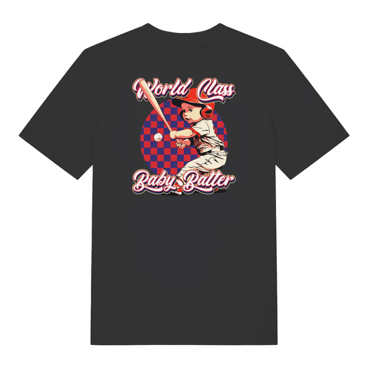 black funny offensive t-shirt with the graphic of a baby dressed as a baseball player and the slogan 'world class baby batter'