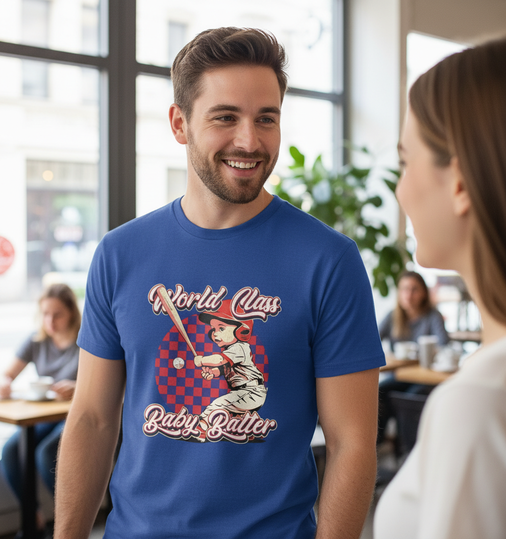 Man wearing a blue t-shirt with a graphic design in a casual setting