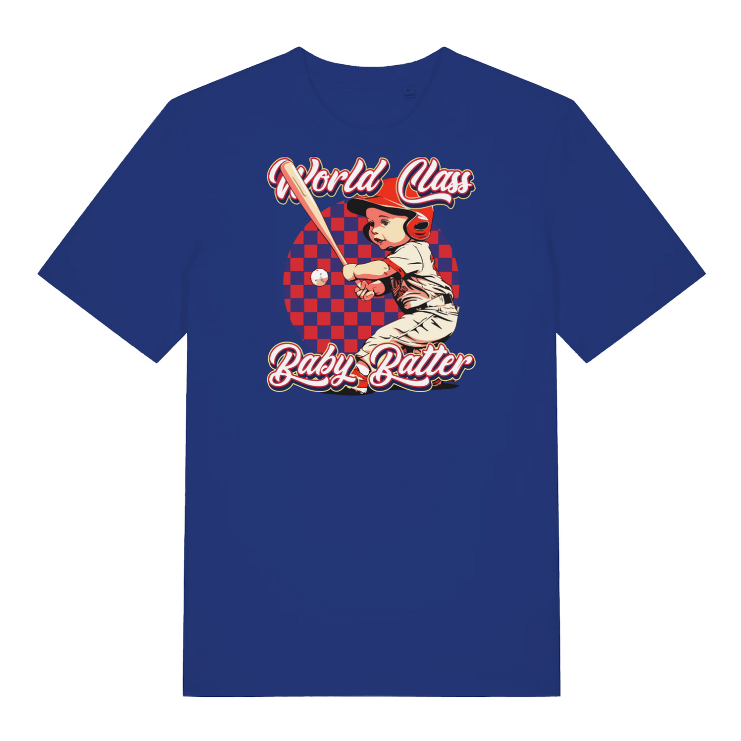 blue funny offensive t-shirt with the graphic of a baby dressed as a baseball player and the slogan 'world class baby batter'