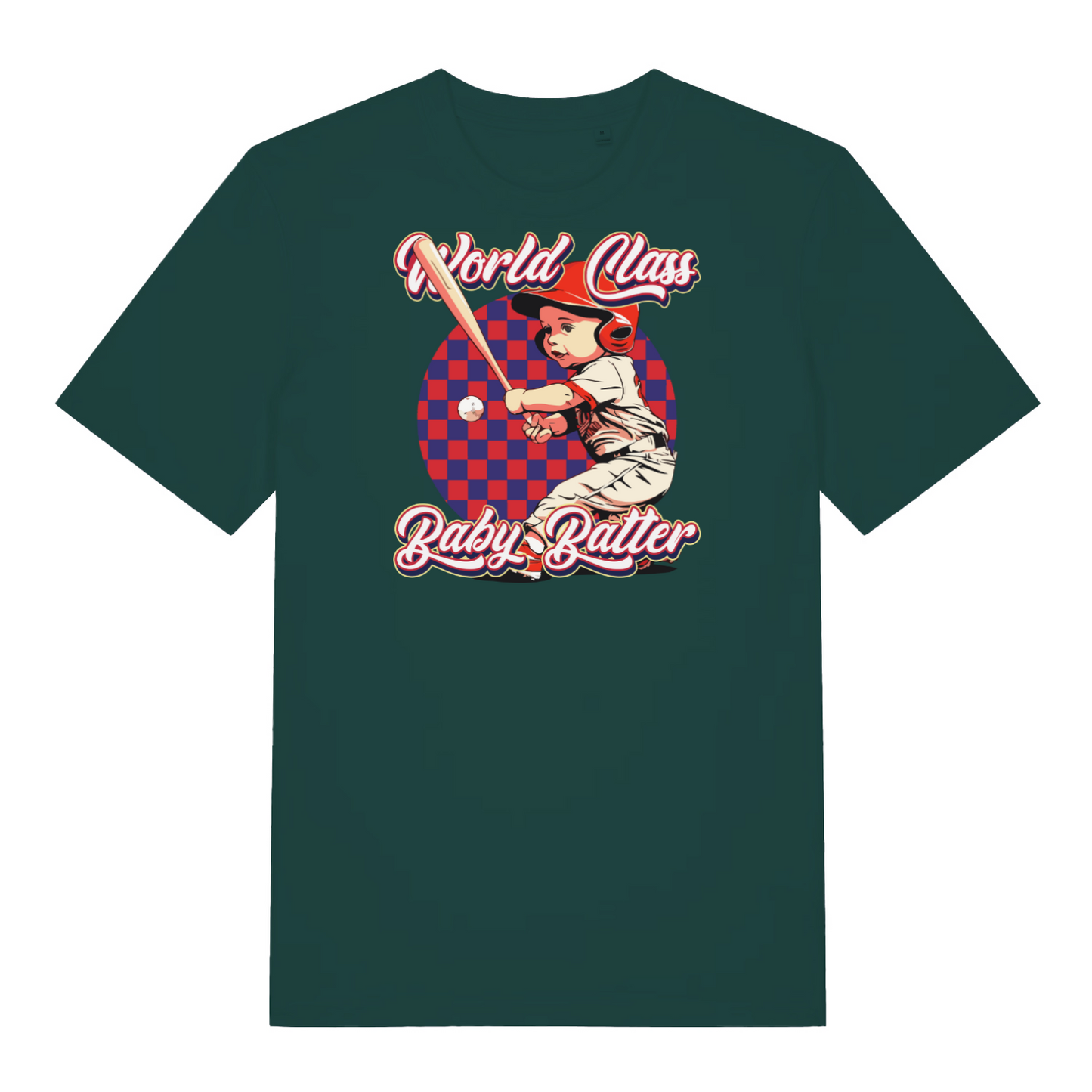 green funny offensive t-shirt with the graphic of a baby dressed as a baseball player and the slogan 'world class baby batter'