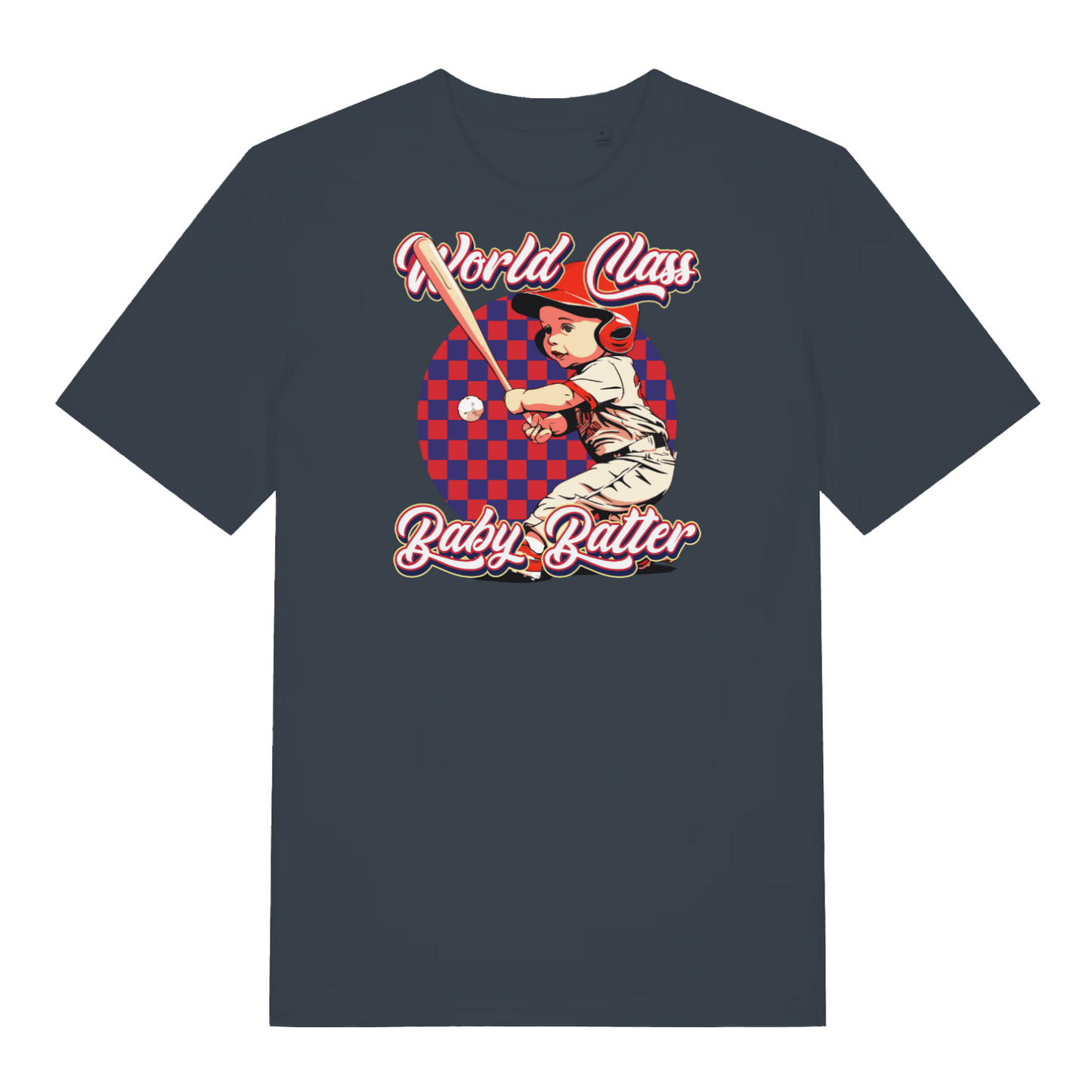 ink grey funny offensive t-shirt with the graphic of a baby dressed as a baseball player and the slogan 'world class baby batter'