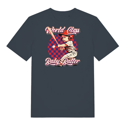 ink grey funny offensive t-shirt with the graphic of a baby dressed as a baseball player and the slogan 'world class baby batter'