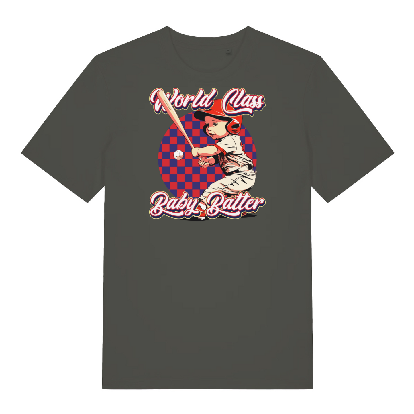 khaki funny offensive t-shirt with the graphic of a baby dressed as a baseball player and the slogan 'world class baby batter'